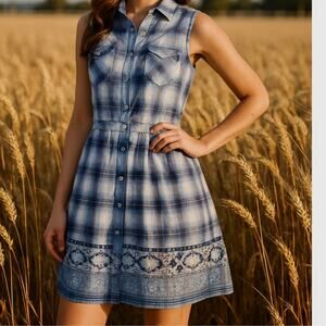Stetson Sleeveless Plaid Western Shirt Dress Blue White Embroidered Hem Women  S